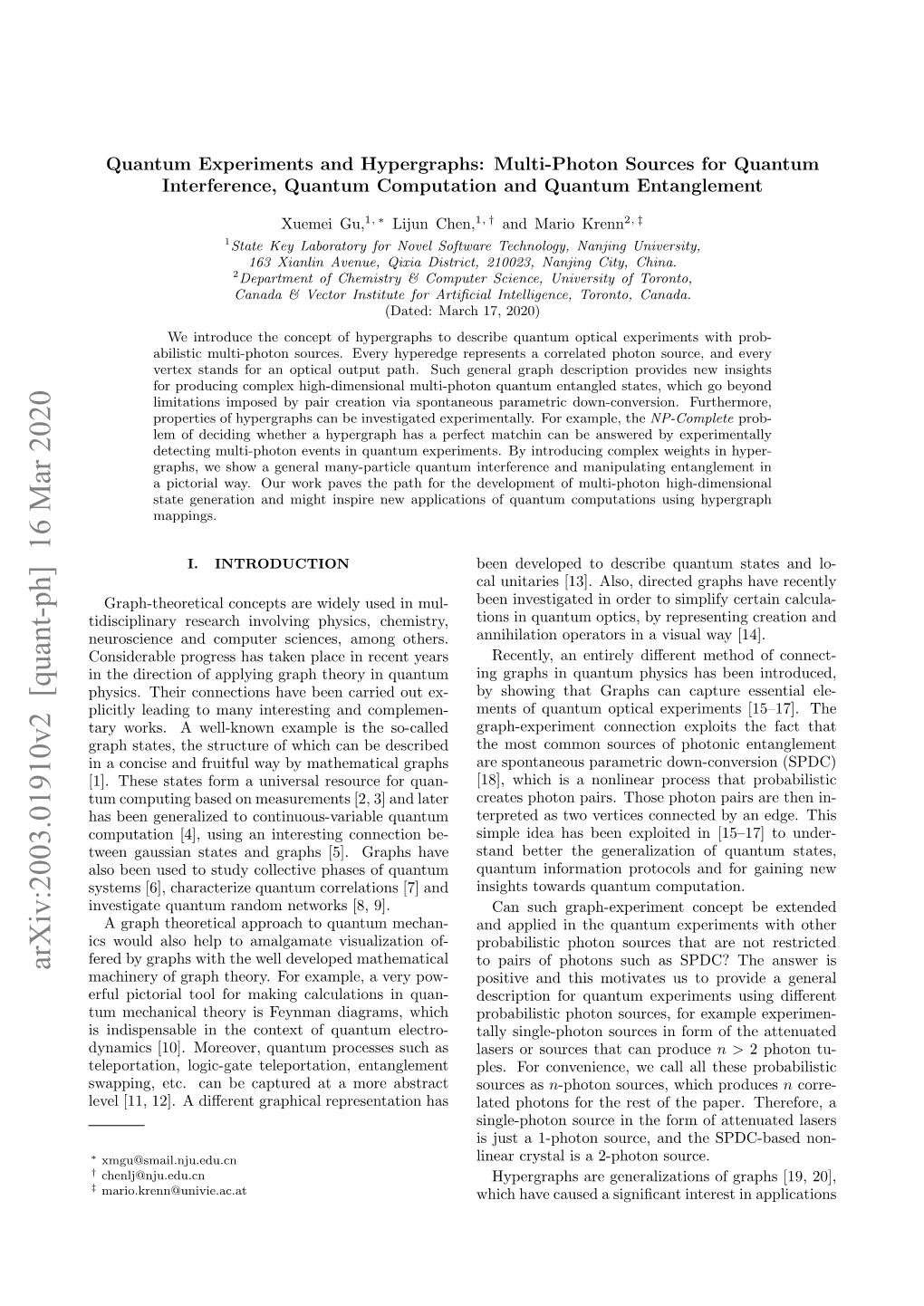 Arxiv:2003.01910V2 [Quant-Ph] 16 Mar 2020 Machinery of Graph Theory