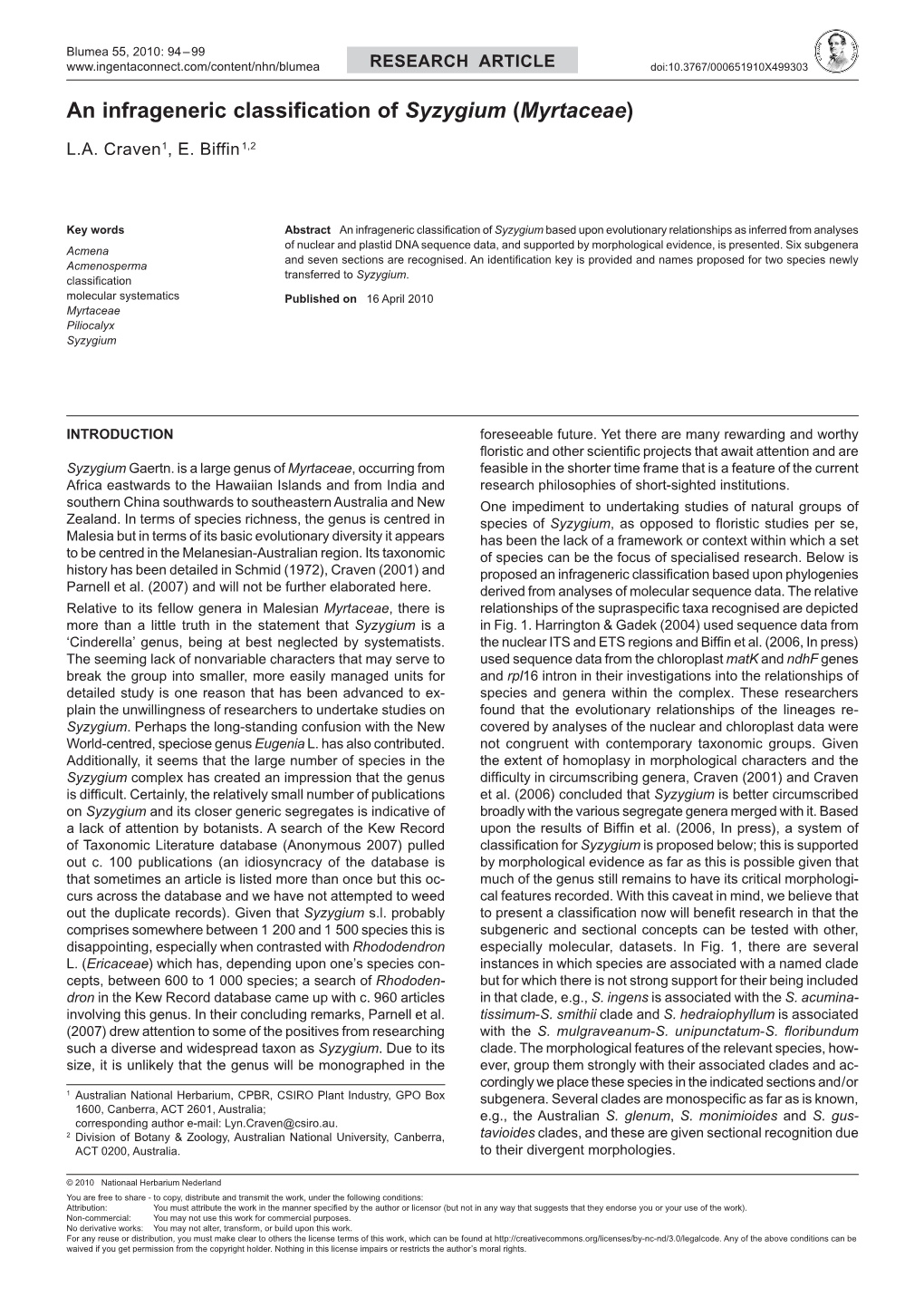 An Infrageneric Classification of Syzygium (Myrtaceae)