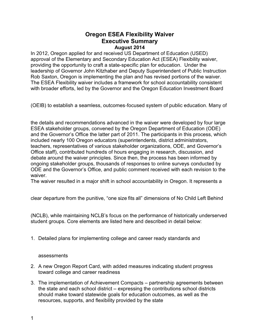 Oregon ESEA Flexibility Waiver