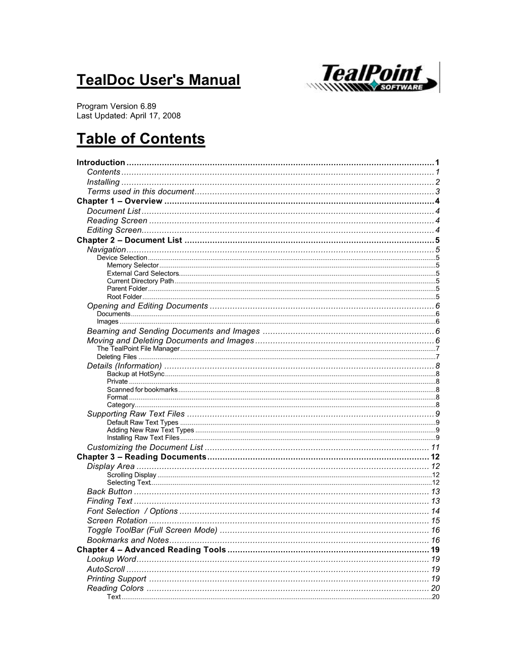 Tealdoc User's Manual Table of Contents