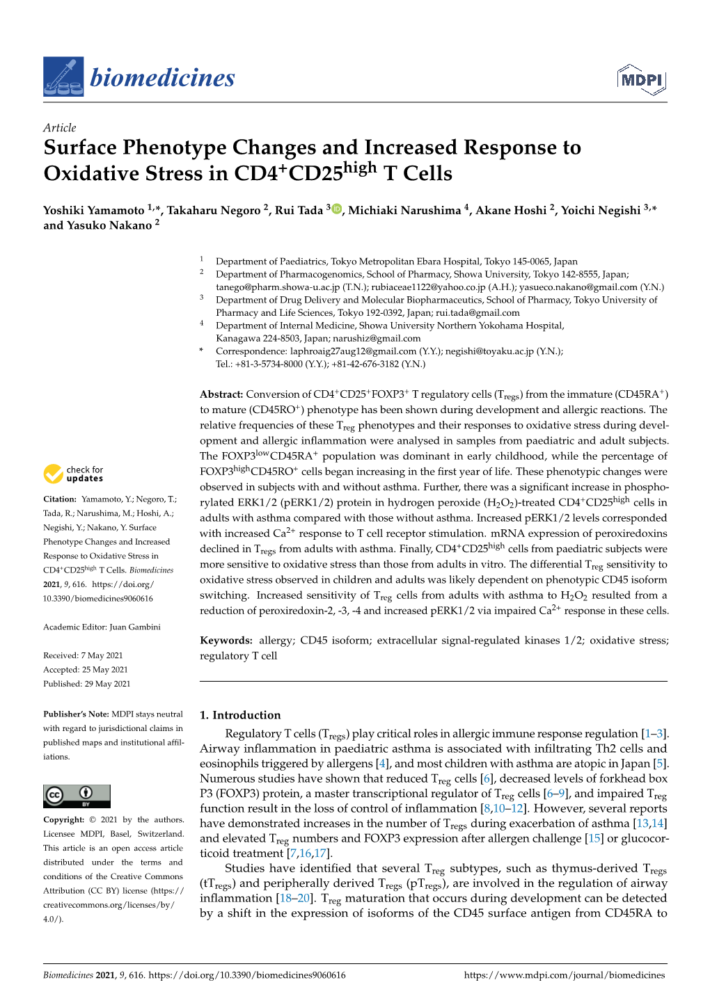 Surface Phenotype Changes and Increased Response to Oxidative Stress in CD4+Cd25high T Cells
