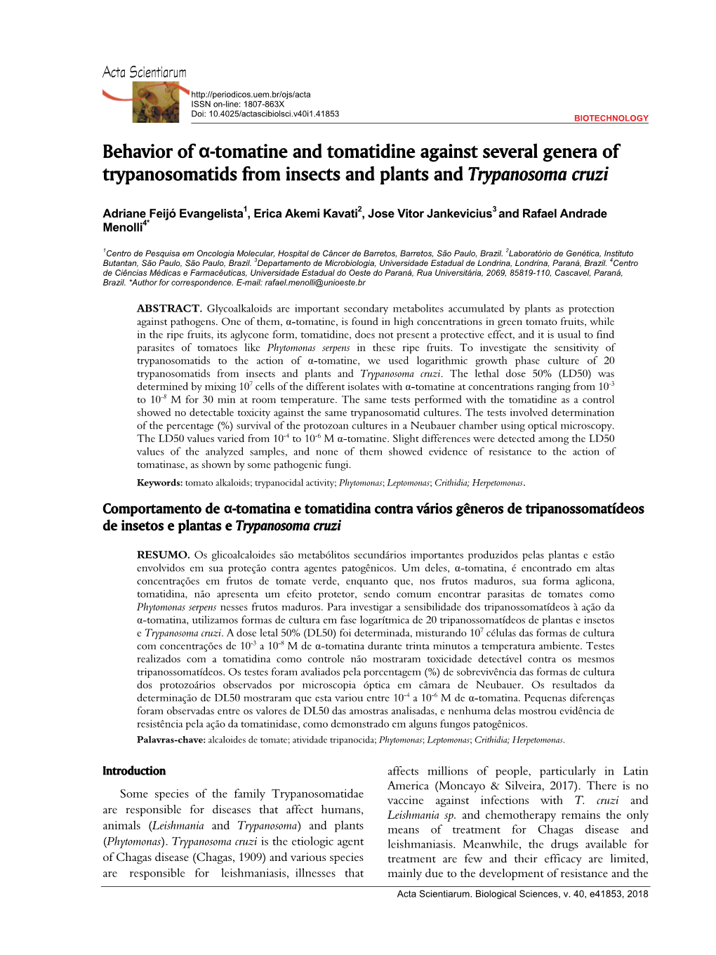 Behavior of Α-Tomatine and Tomatidine Against Several Genera of Trypanosomatids from Insects and Plants and Trypanosoma Cruzi