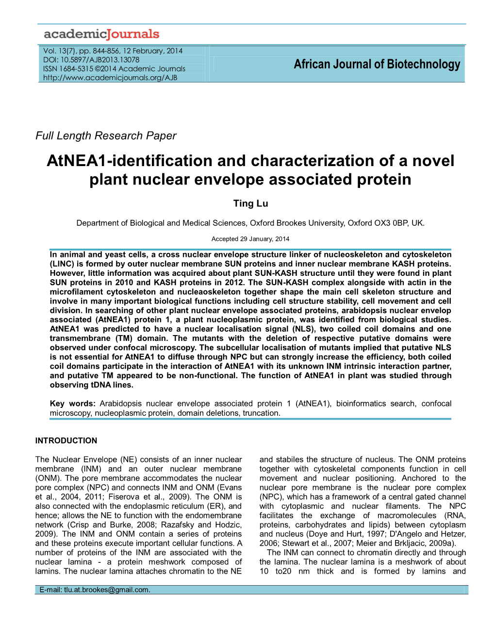 Atnea1-Identification and Characterization of a Novel Plant Nuclear Envelope Associated Protein