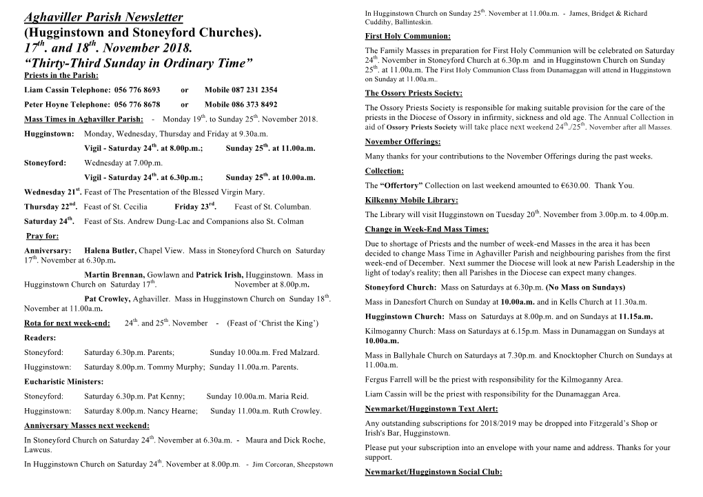 Aghaviller Parish Newsletter Cuddihy, Ballinteskin