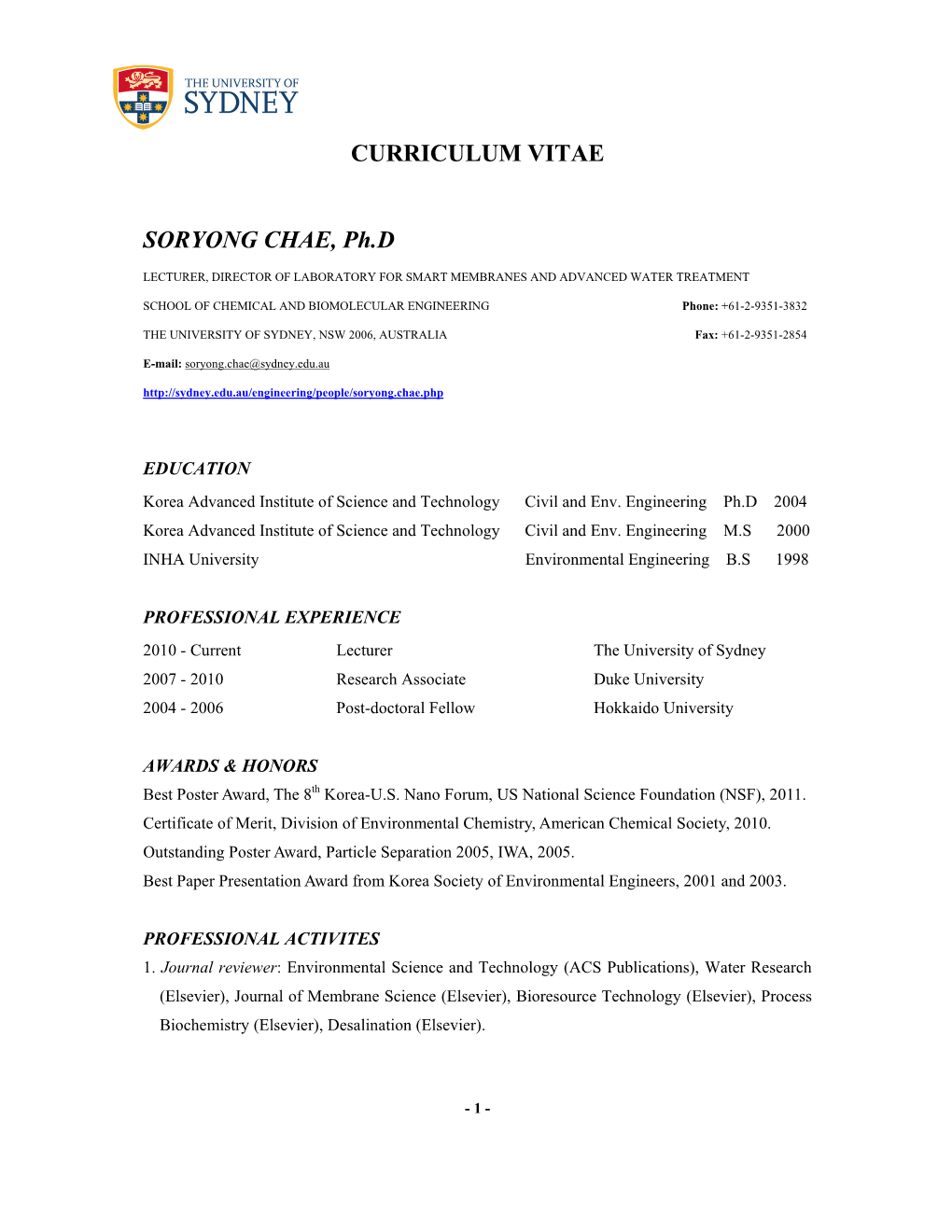 CURRICULUM VITAE SORYONG CHAE, Ph.D