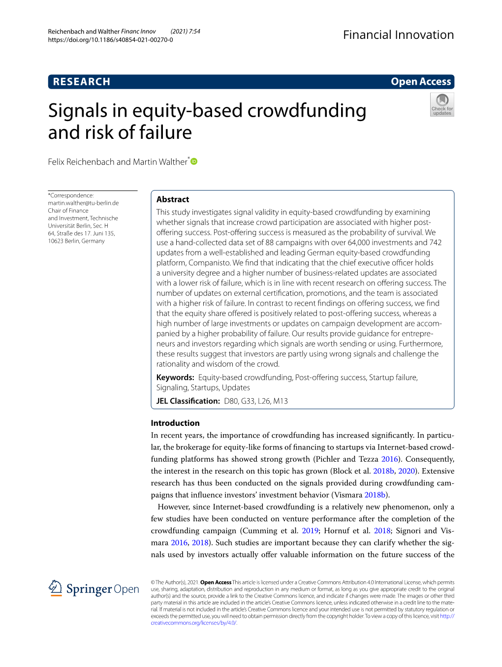 Signals in Equity-Based Crowdfunding and Risk of Failure