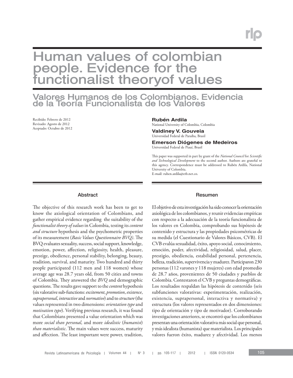 Human Values of Colombian People. Evidence for the Functionalist Theory of Values