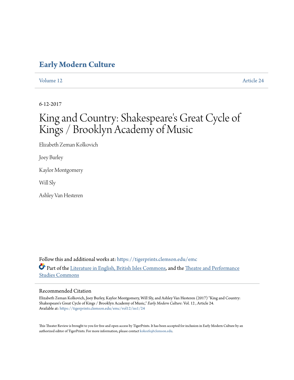 Shakespeare's Great Cycle of Kings / Brooklyn Academy of Music Elizabeth Zeman Kolkovich