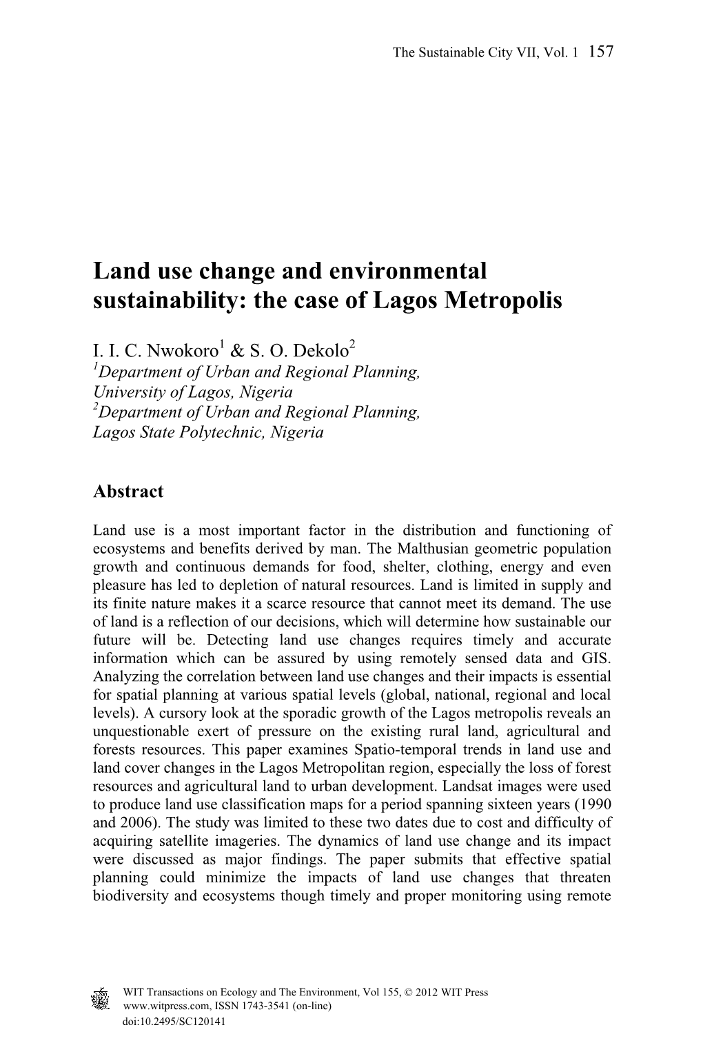 Land Use Change and Environmental Sustainability: the Case of Lagos Metropolis