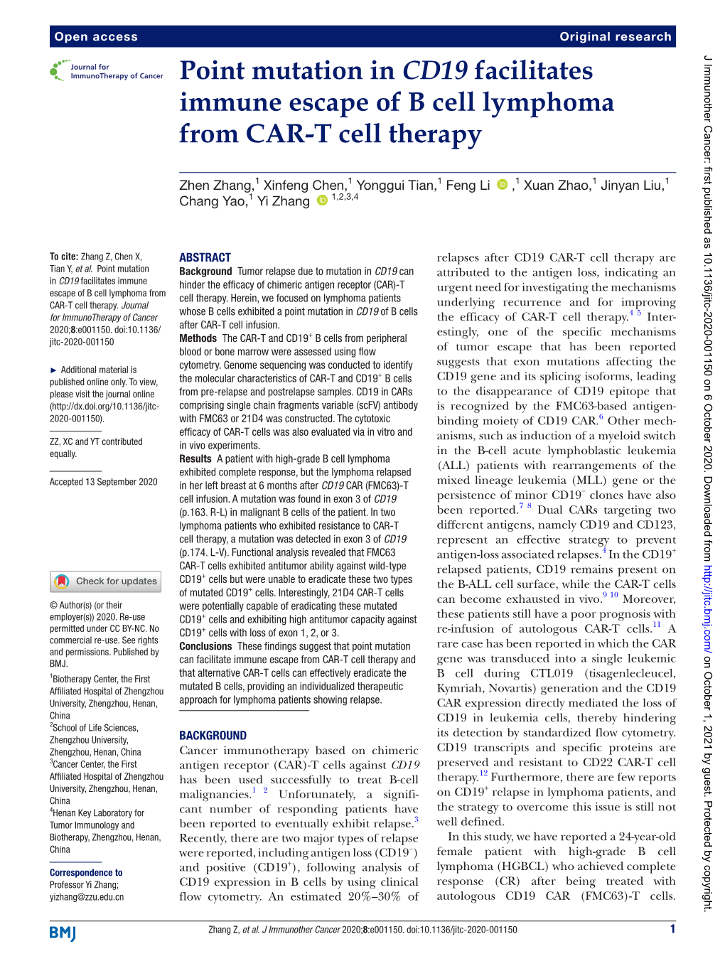 Point Mutation in CD19 Facilitates Immune Escape of B Cell Lymphoma from CAR-­T Cell Therapy