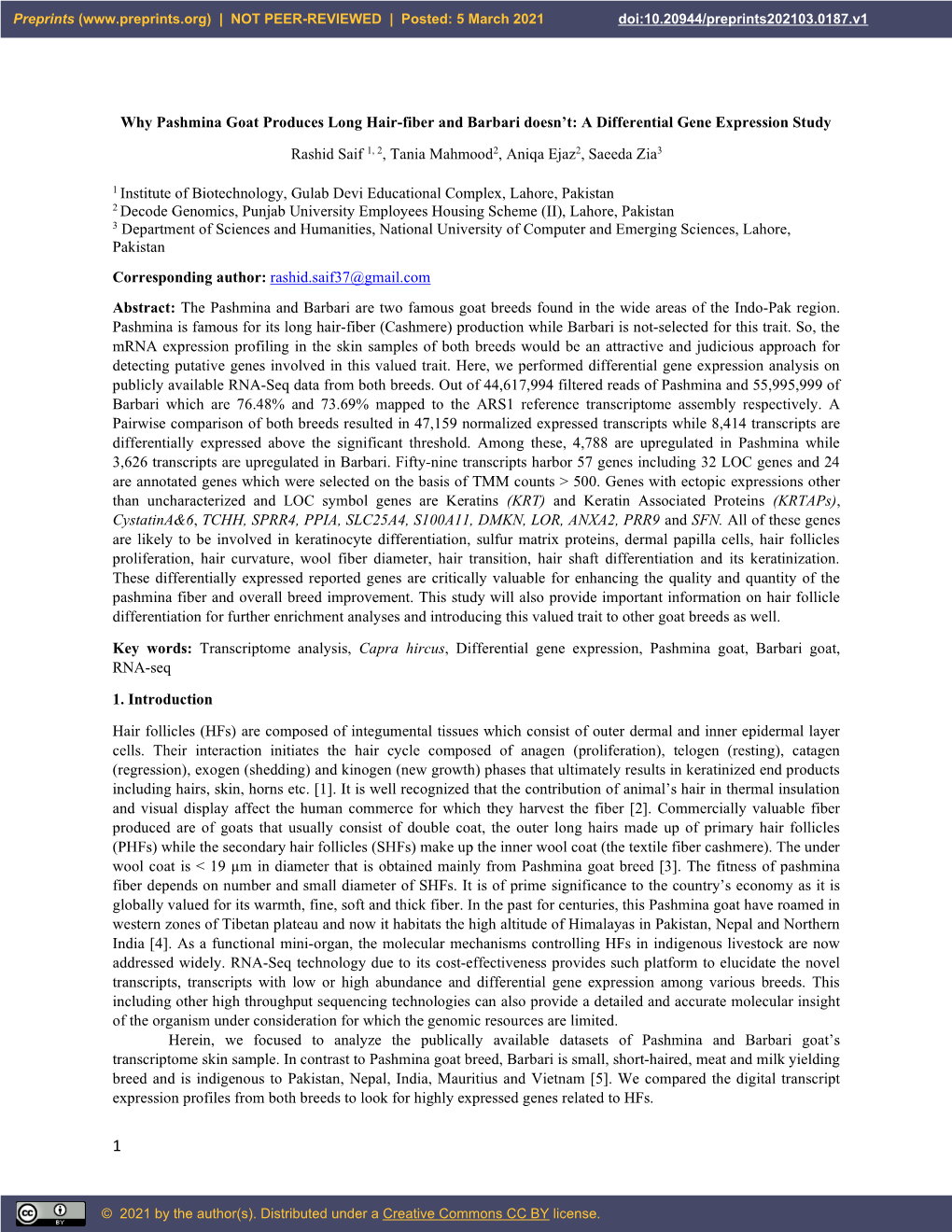 Why Pashmina Goat Produces Long Hair-Fiber and Barbari Doesn’T: a Differential Gene Expression Study