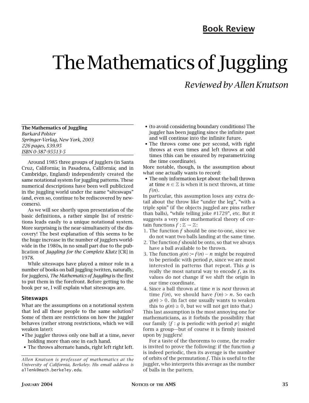 Book Review: the Mathematics of Juggling, Volume 51, Number 1