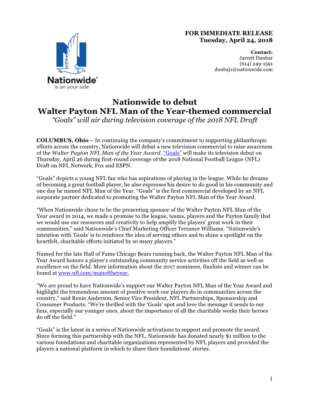 Nationwide to Debut Walter Payton NFL Man of the Year-Themed Commercial “Goals” Will Air During Television Coverage of the 2018 NFL Draft