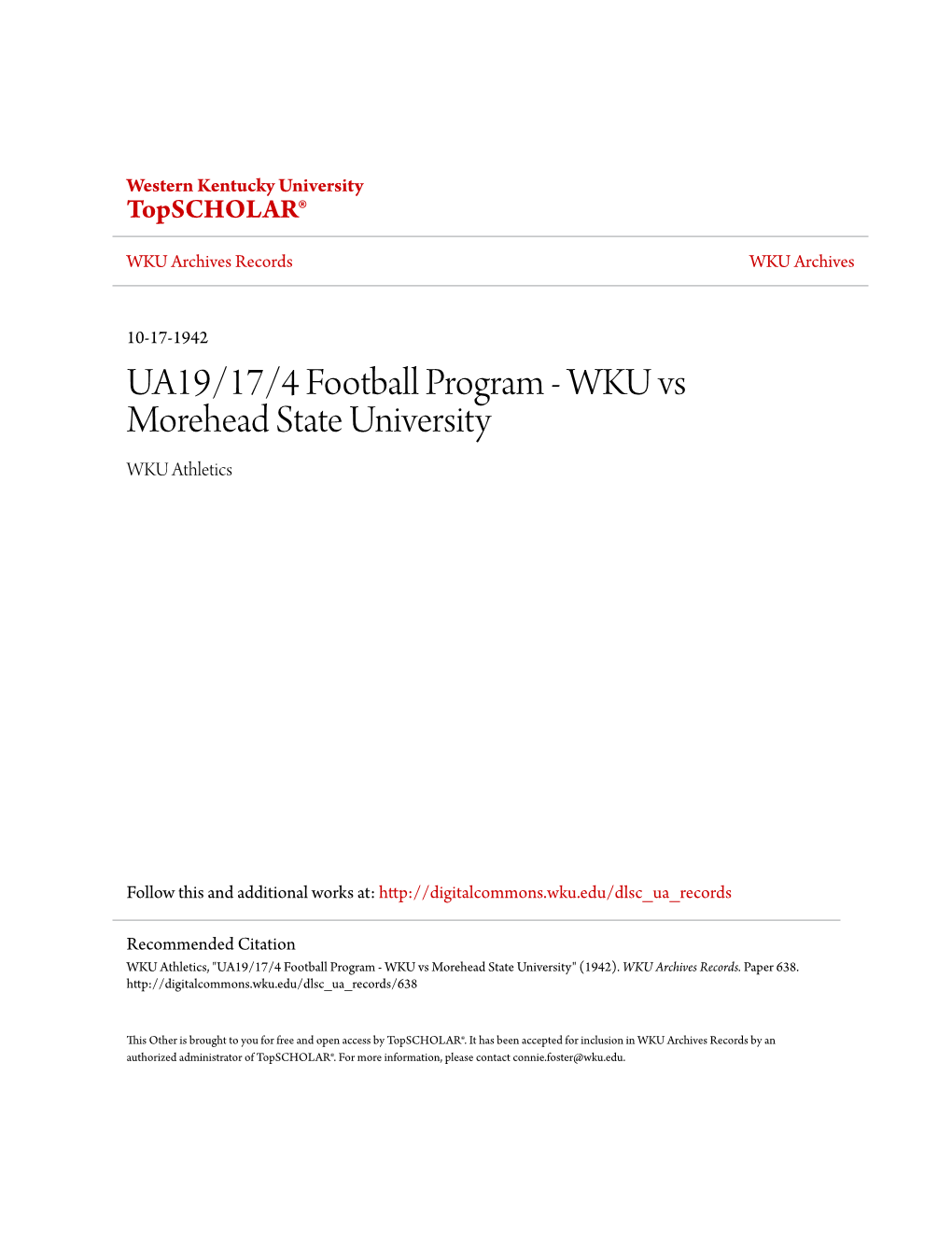 UA19/17/4 Football Program - WKU Vs Morehead State University WKU Athletics