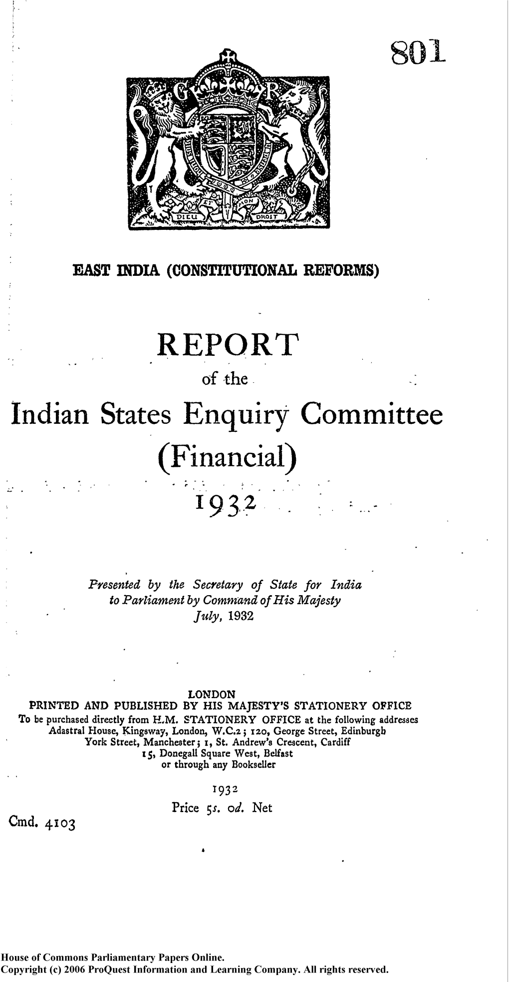 REPORT of the Indian States Enquiry Committee (Financial) 