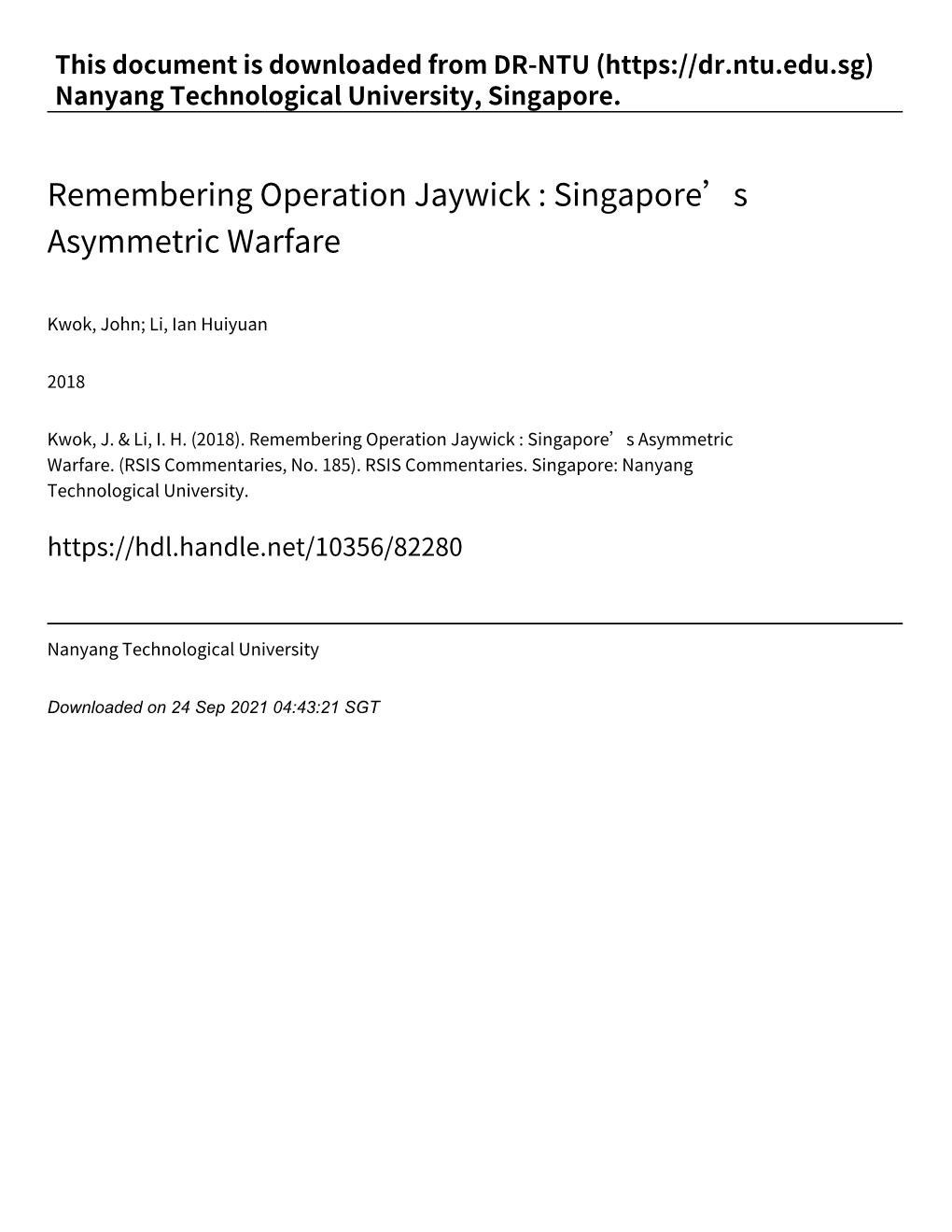 Remembering Operation Jaywick : Singapore's Asymmetric Warfare