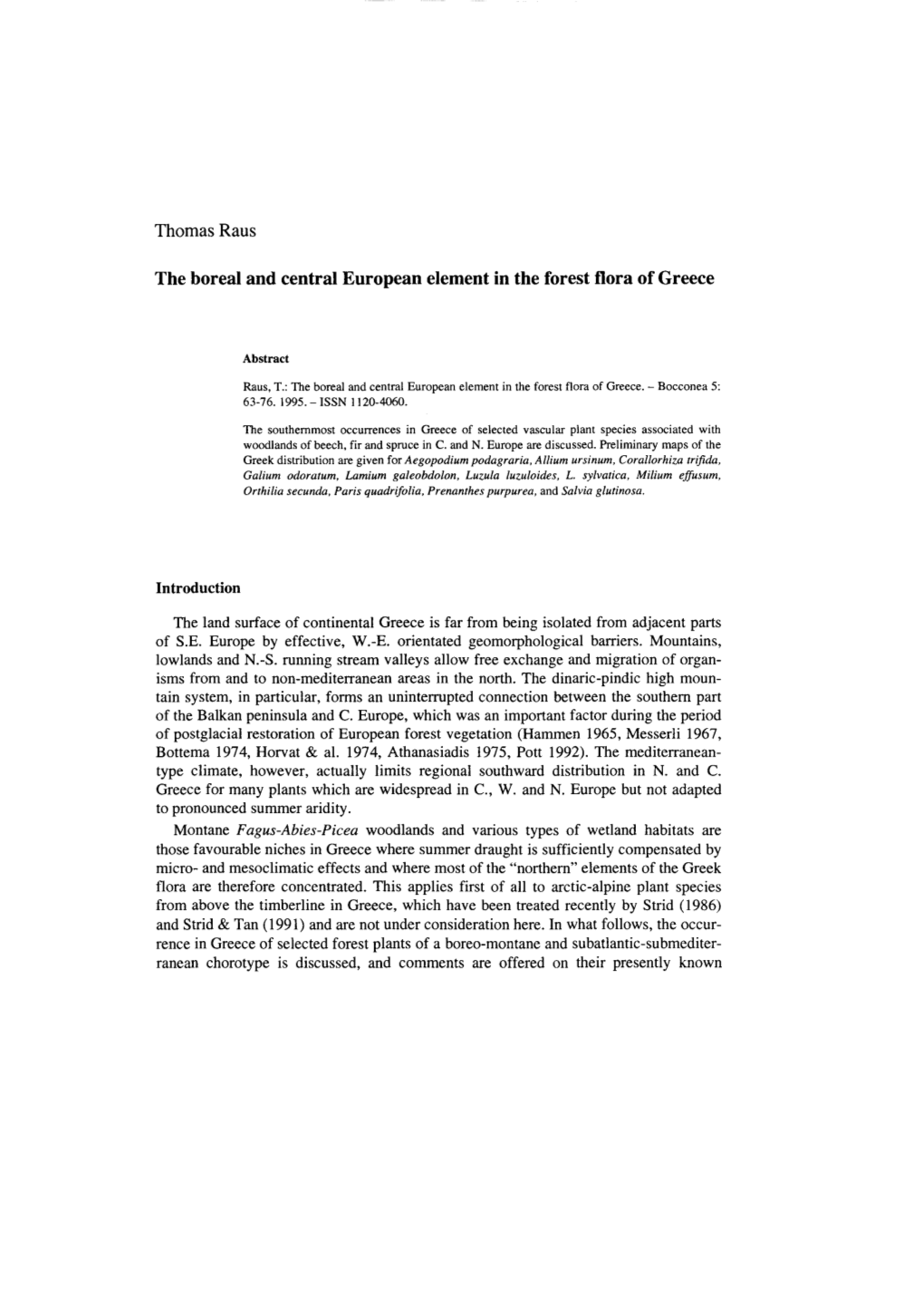 Thomas Raus the Boreal and Centrai European Element in the Forest Flora