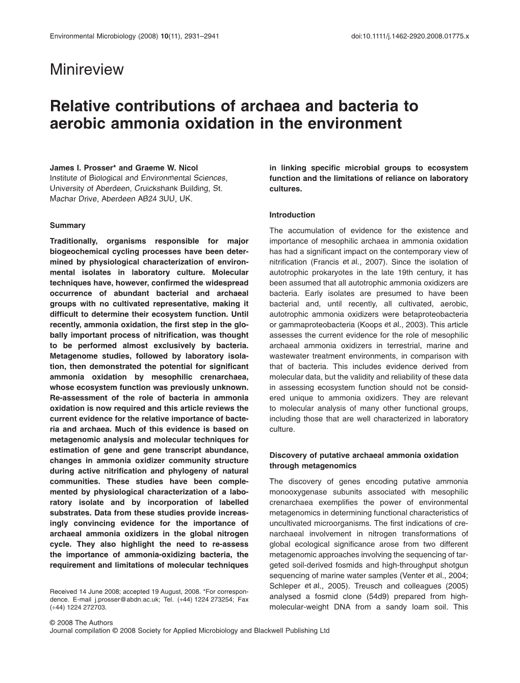 Relative Contributions of Archaea and Bacteria to Aerobic Ammonia Oxidation in the Environment