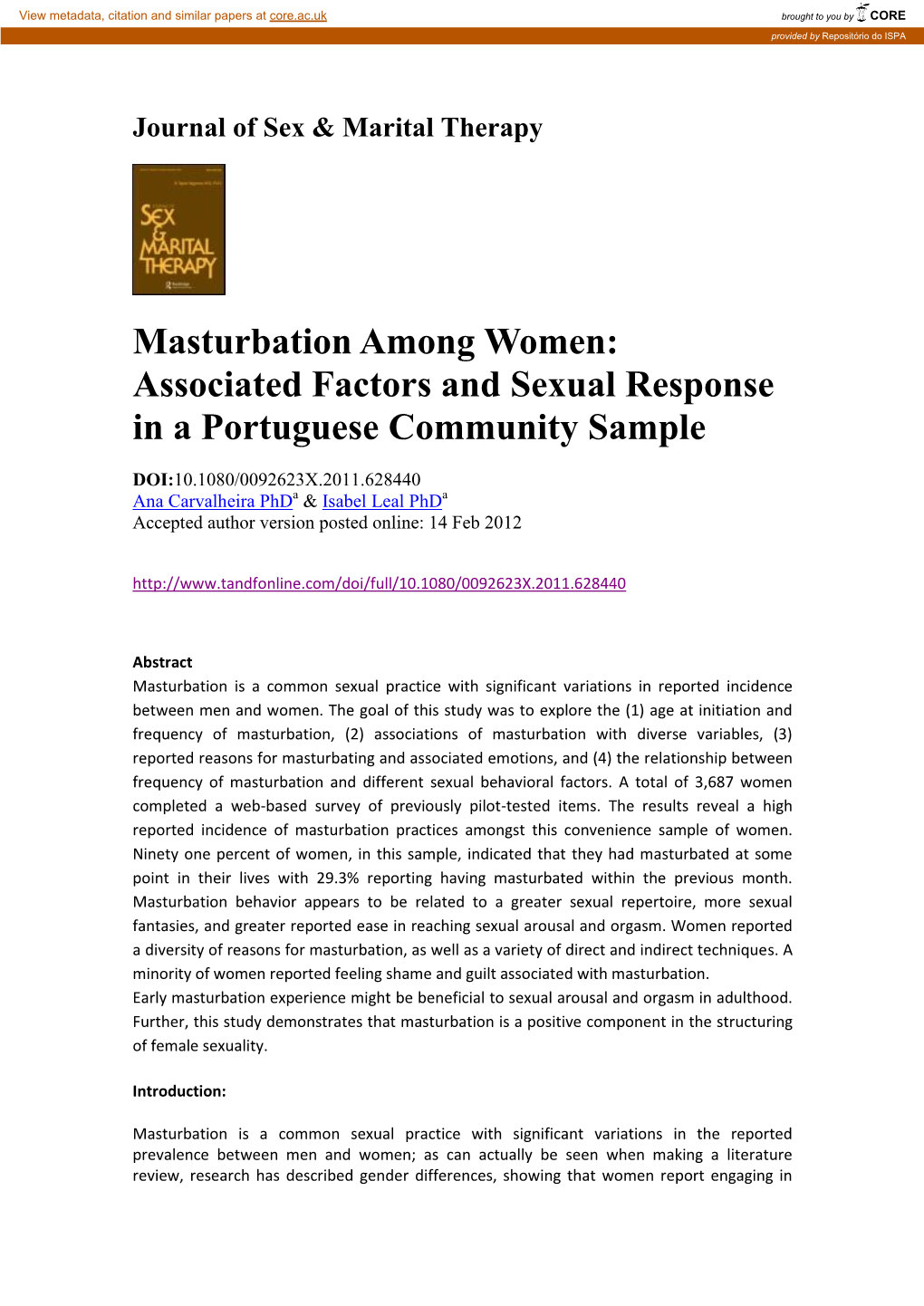 Masturbation Among Women: Associated Factors and Sexual Response in a Portuguese Community Sample