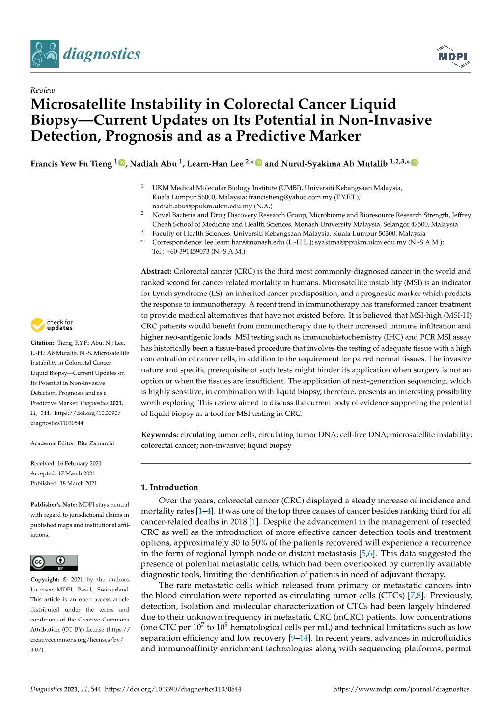 Microsatellite Instability in Colorectal Cancer Liquid Biopsy—Current Updates on Its Potential in Non-Invasive Detection, Prognosis and As a Predictive Marker