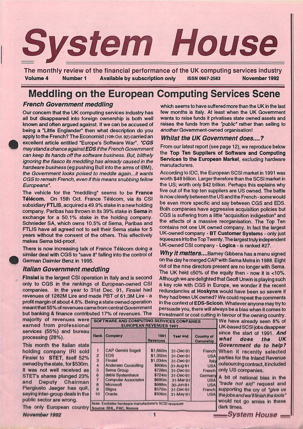 November 1992 Meddling on the European Computing Services Scene