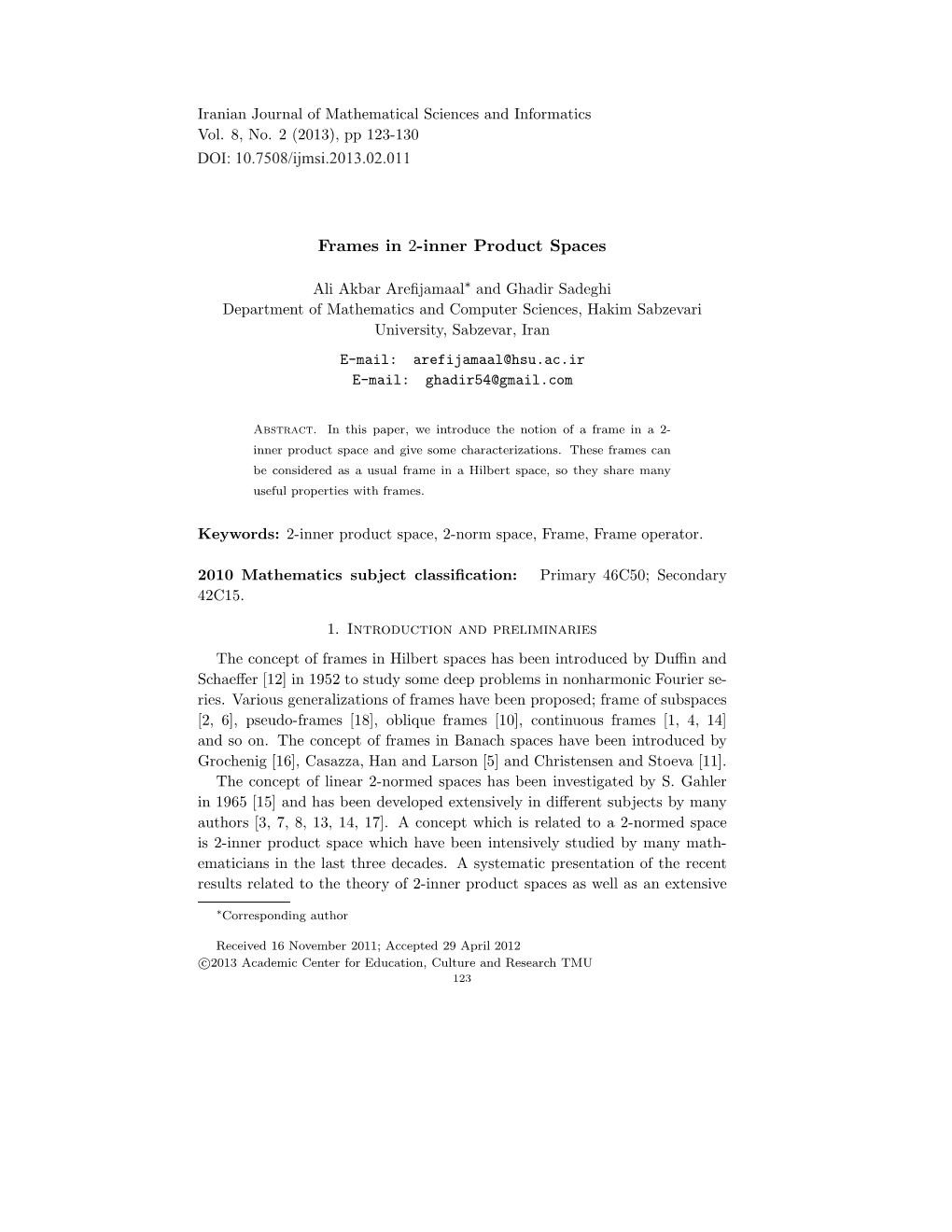 Frames in 2-Inner Product Spaces