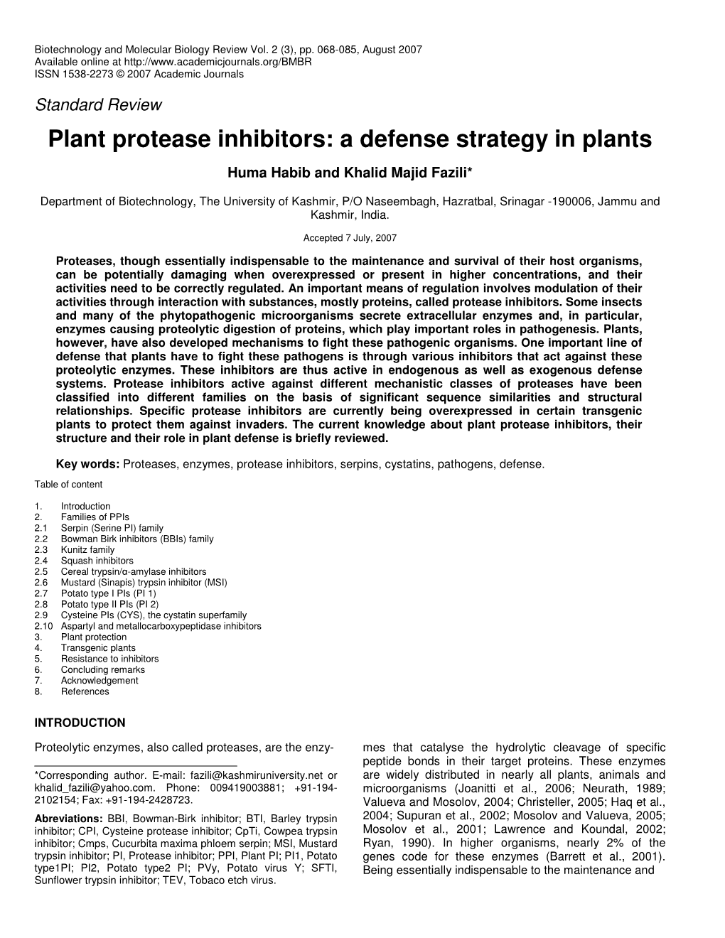 Plant Protease Inhibitors: a Defense Strategy in Plants