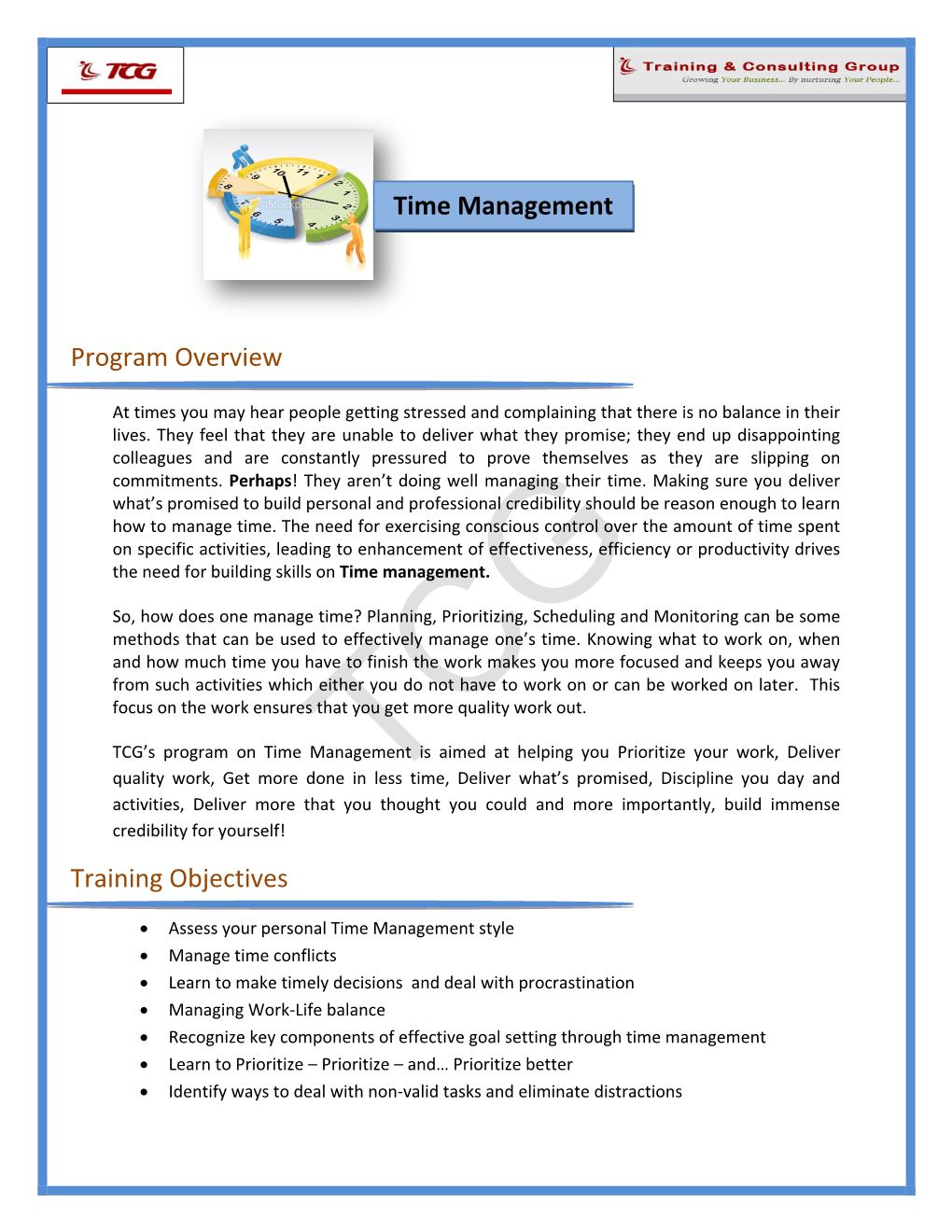 Program Overview Training Objectives Time Management