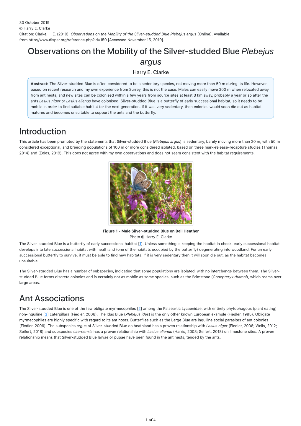 Observations on the Mobility of the Silver-Studded Blue Plebejus Argus [Online]