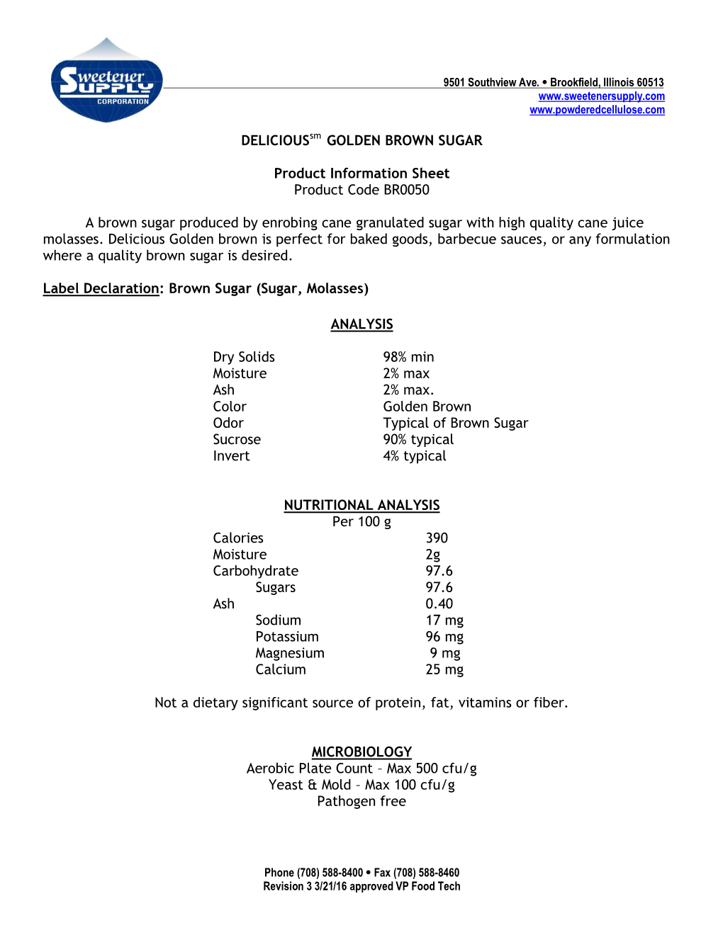 Delicioussm GOLDEN BROWN SUGAR Product Information Sheet