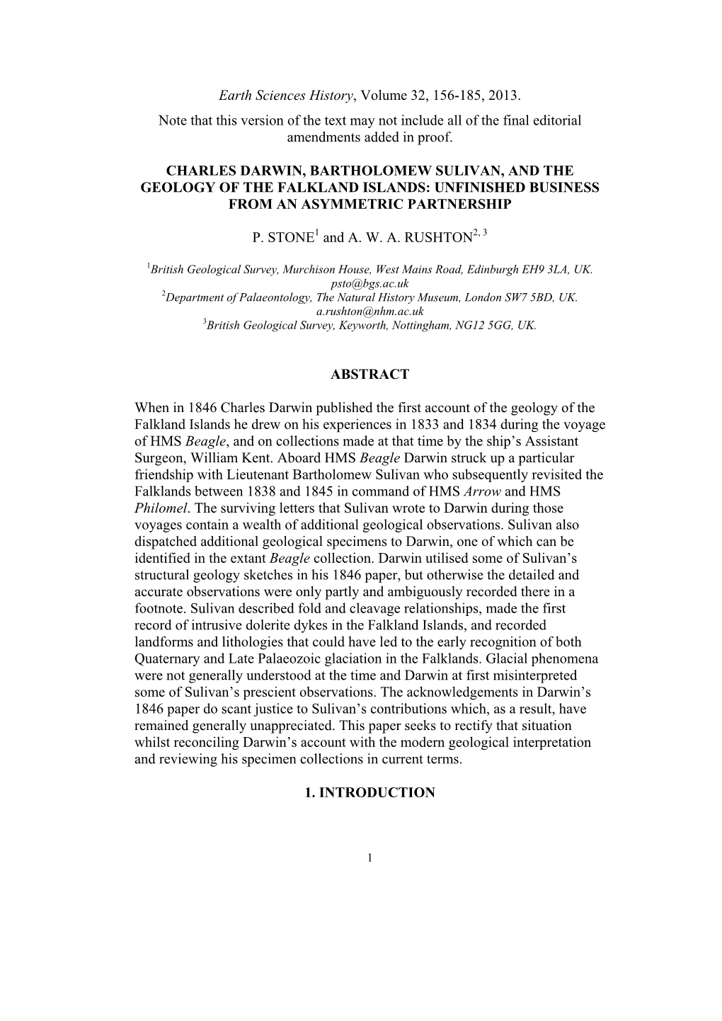 Earth Sciences History, Volume 32, 156-185, 2013. Note That This Version of the Text May Not Include All of the Final Editorial Amendments Added in Proof