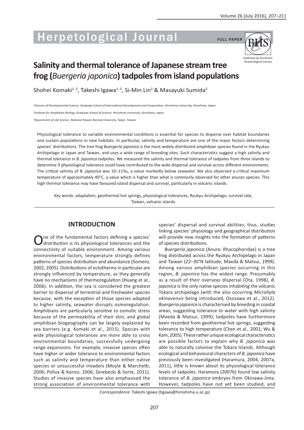 Buergeria Japonica) Tadpoles from Island Populations