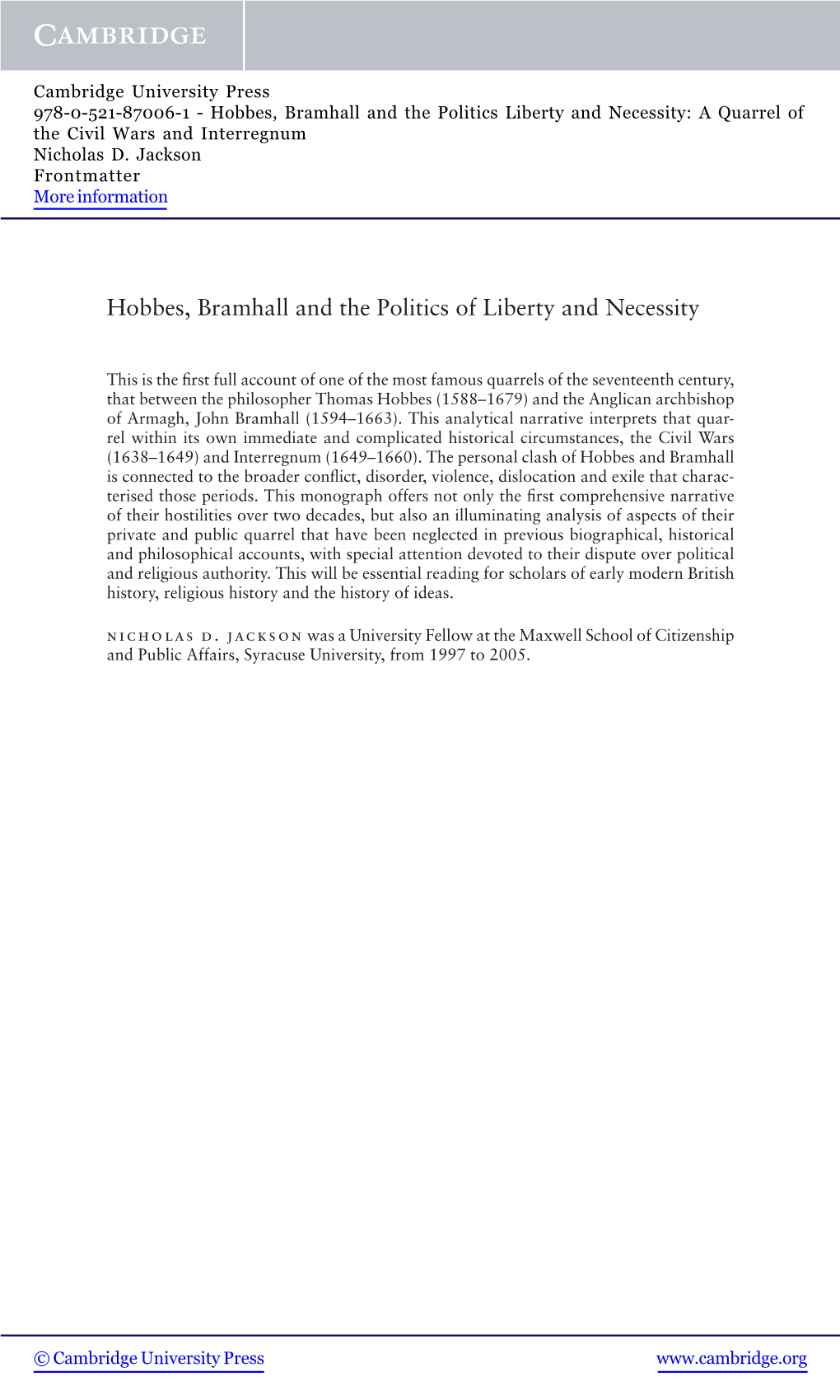 Hobbes, Bramhall and the Politics of Liberty and Necessity