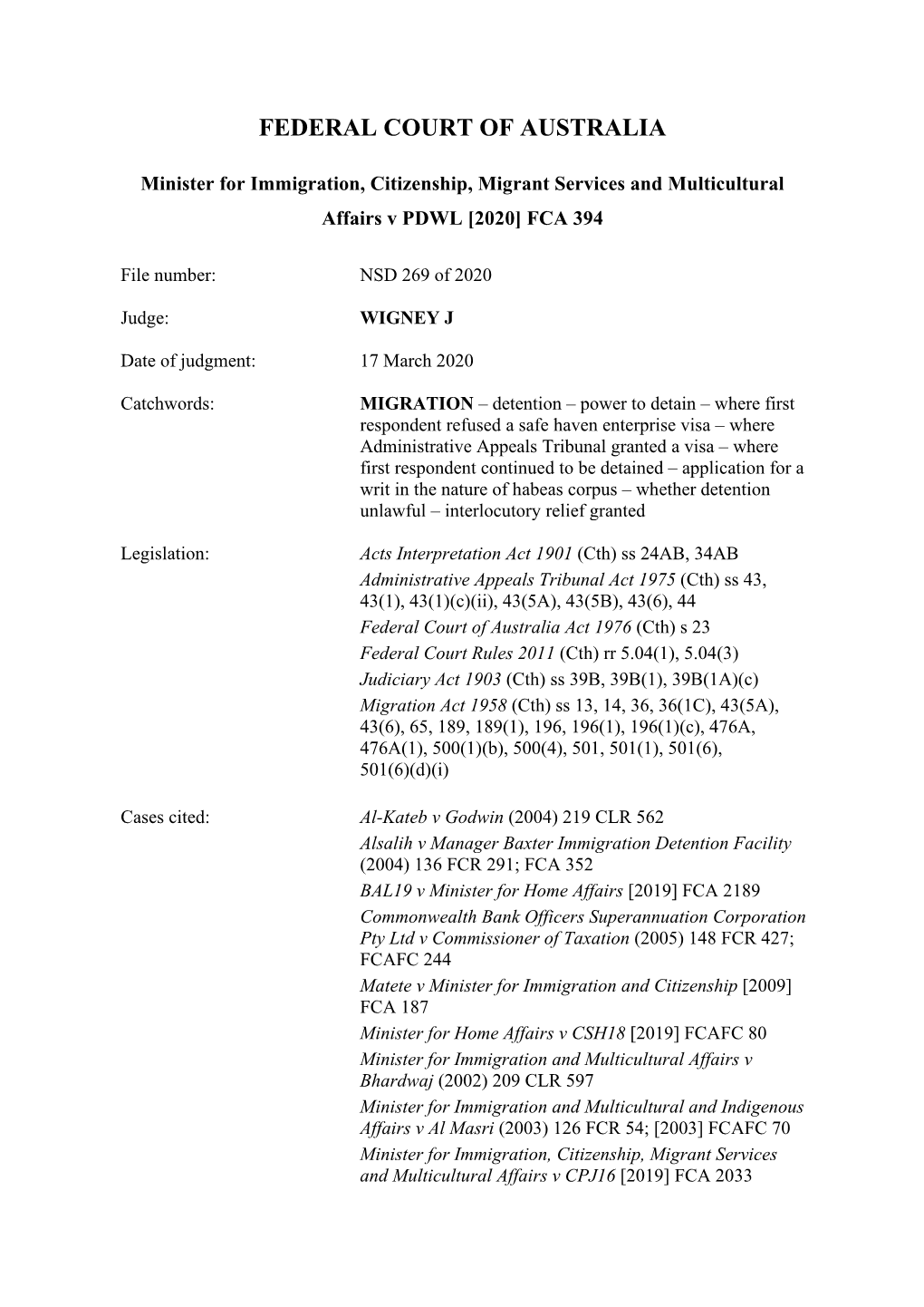 Minister for Immigration, Citizenship, Migrant Services and Multicultural Affairs V PDWL [2020] FCA 394