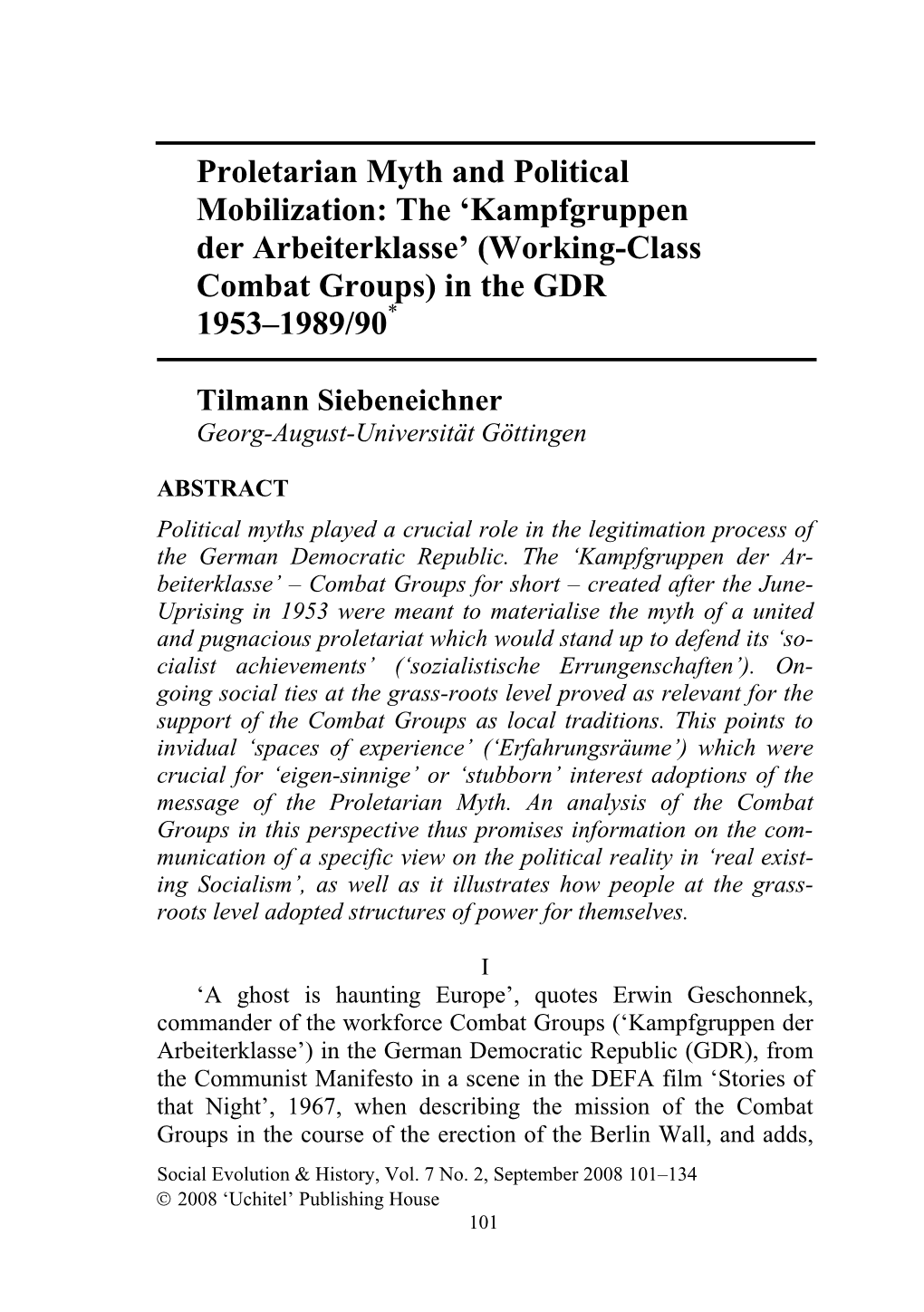 Proletarian Myth and Political Mobilization: the ‘Kampfgruppen Der Arbeiterklasse’ (Working-Class Combat Groups) in the GDR 1953–1989/90*