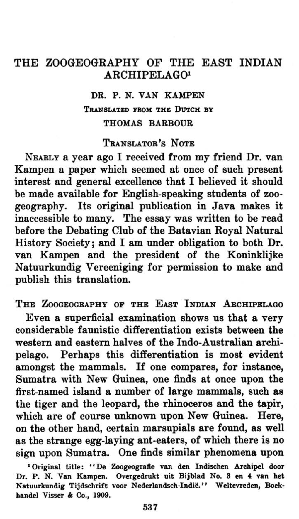 The Zoogeography of the East Indian Archipelago 1 Dr