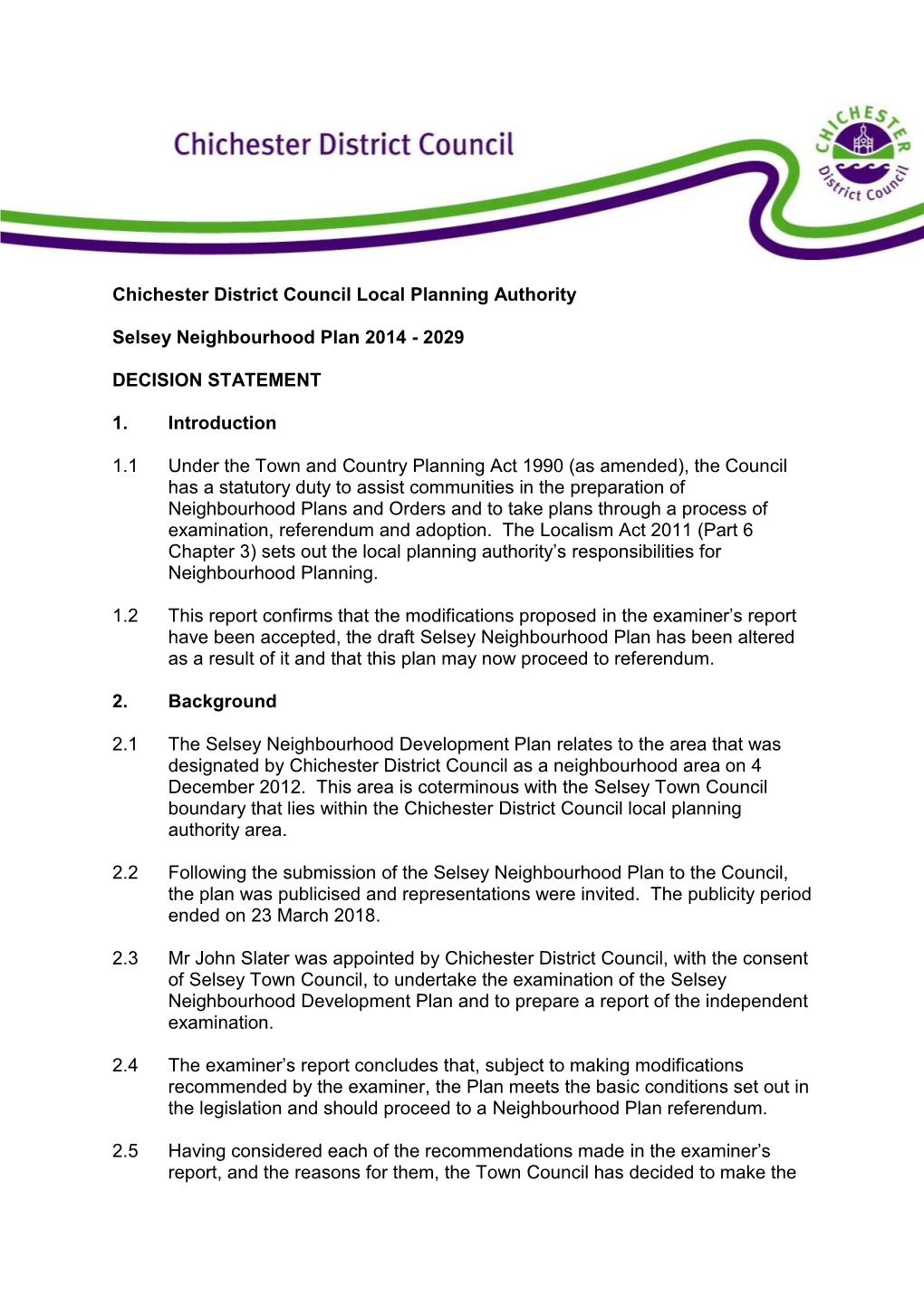 Selsey NP Decision Statement July 2020