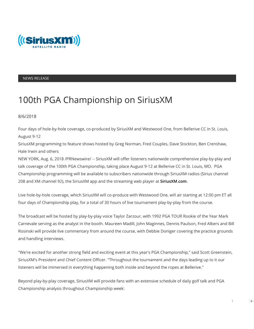 100Th PGA Championship on Siriusxm