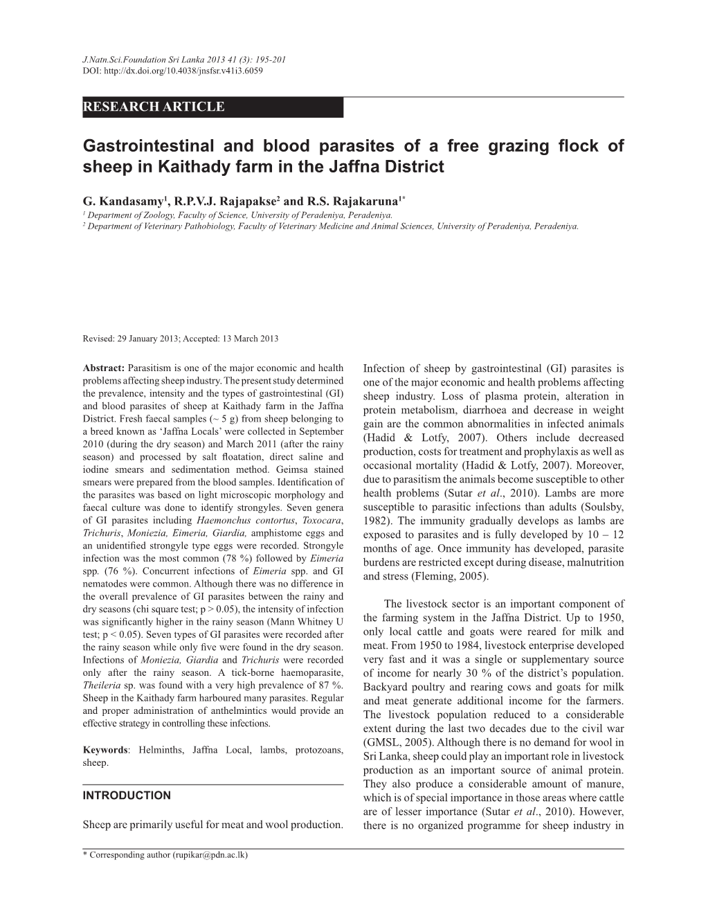 Gastrointestinal and Blood Parasites of a Free Grazing Flock of Sheep in Kaithady Farm in the Jaffna District