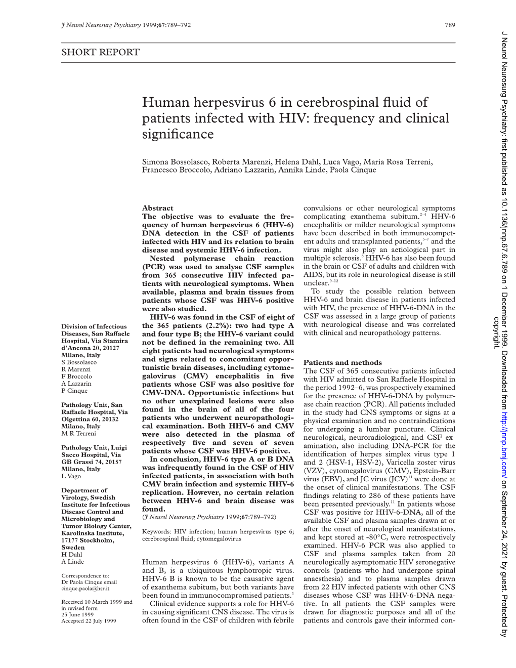 Human Herpesvirus 6 in Cerebrospinal Fluid of Patients Infected with HIV