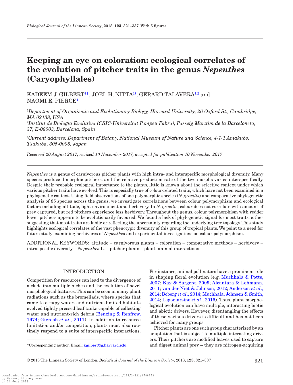 Ecological Correlates of the Evolution of Pitcher Traits in the Genus Nepenthes (Caryophyllales)