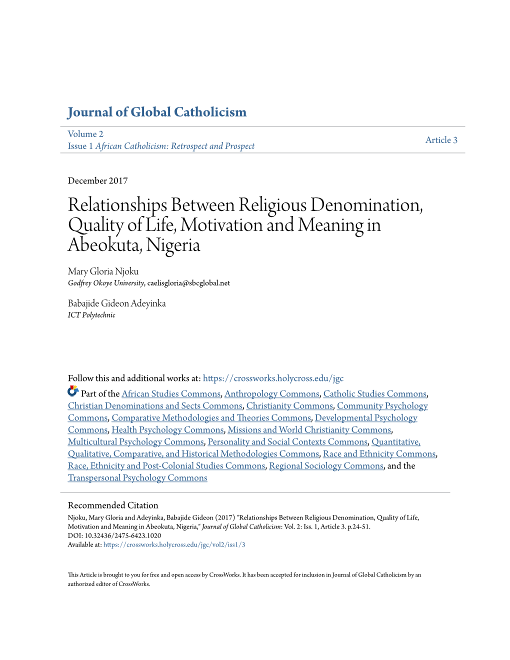 Relationships Between Religious Denomination, Quality of Life