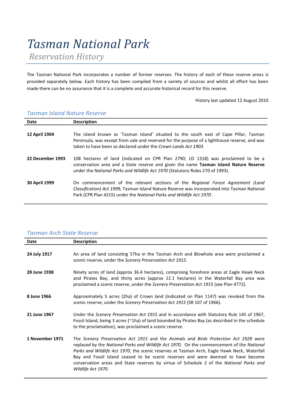 Tasman National Park Reservation History