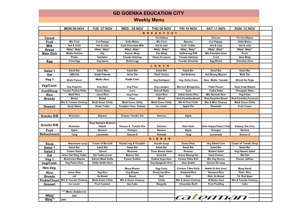 GD GOENKA EDUCATION CITY Weekly Menu