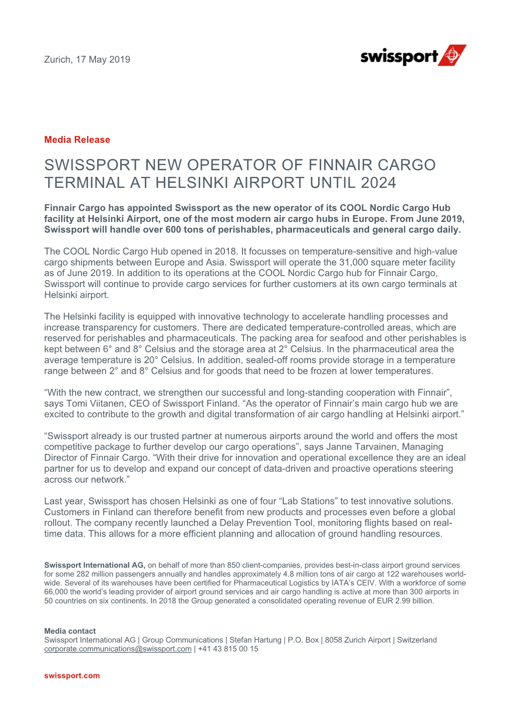 Swissport New Operator of Finnair Cargo Terminal at Helsinki Airport Until 2024