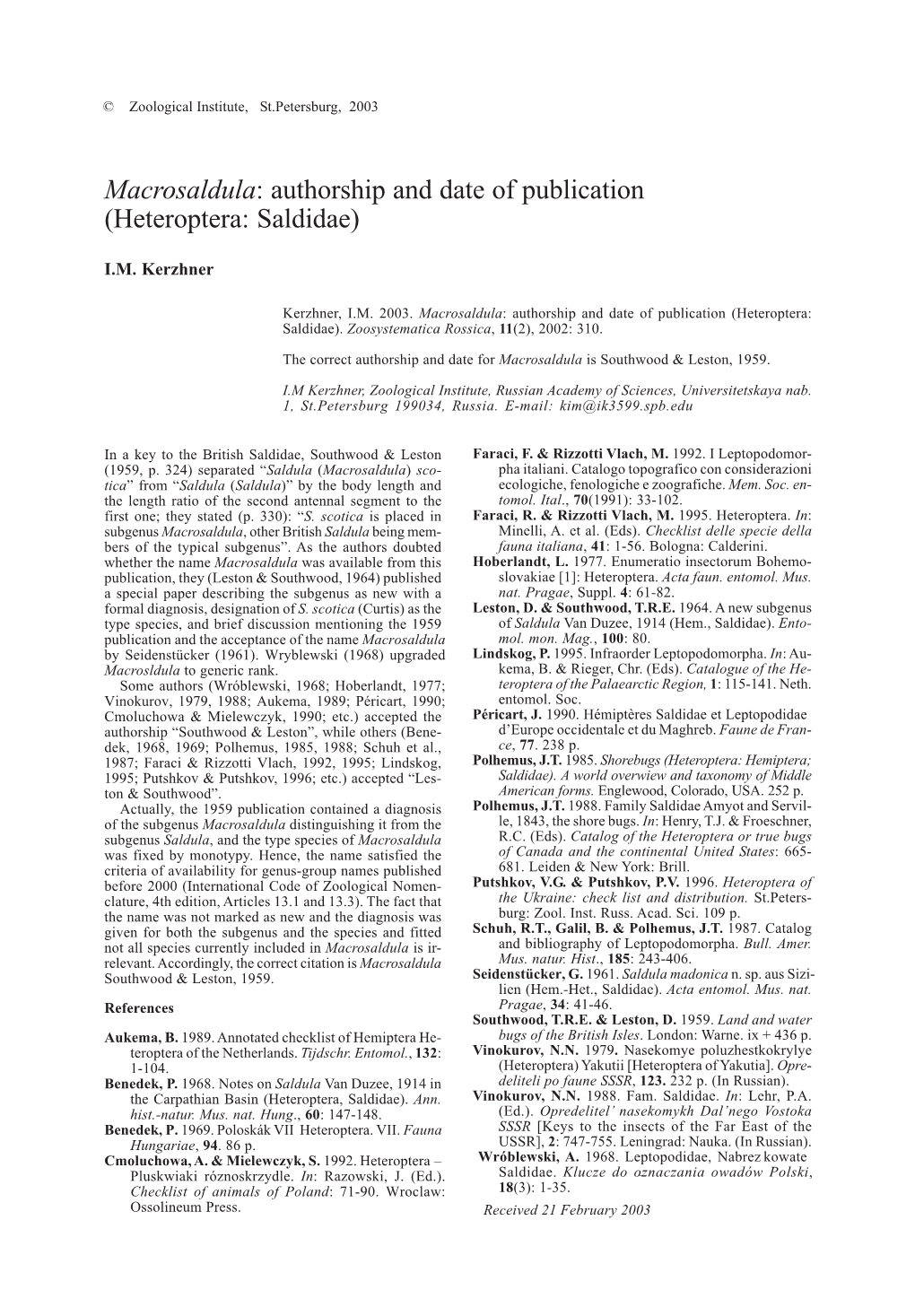 Macrosaldula: Authorship and Date of Publication (Heteroptera: Saldidae)