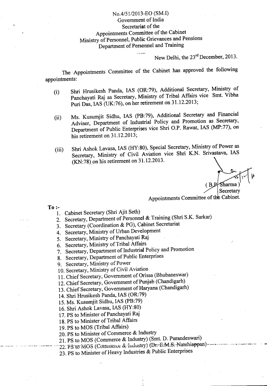 No.4/5 1/2013-EO (SM.I) Government of India Secretariat of the Appointments Committee of the Cabinet Ministry of Personnel, Publ