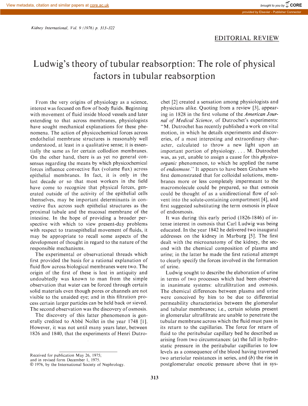 Ludwig's Theory of Tubular Reabsorption: the Role of Physical Factors in Tubular Reabsorption