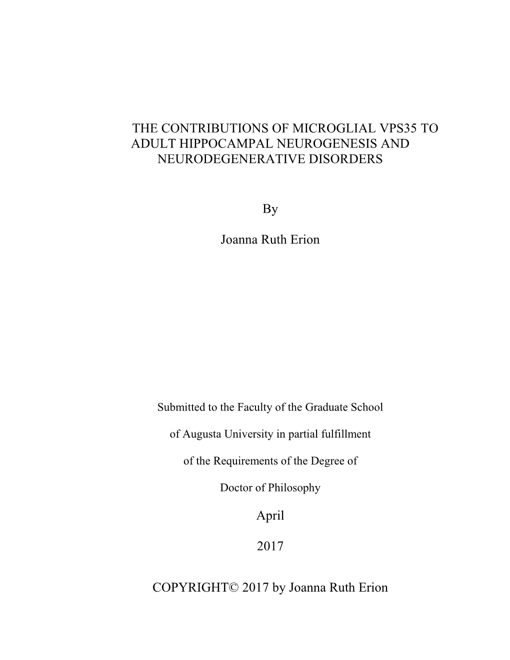 The Contributions of Microglial Vps35 to Adult Hippocampal Neurogenesis and Neurodegenerative Disorders