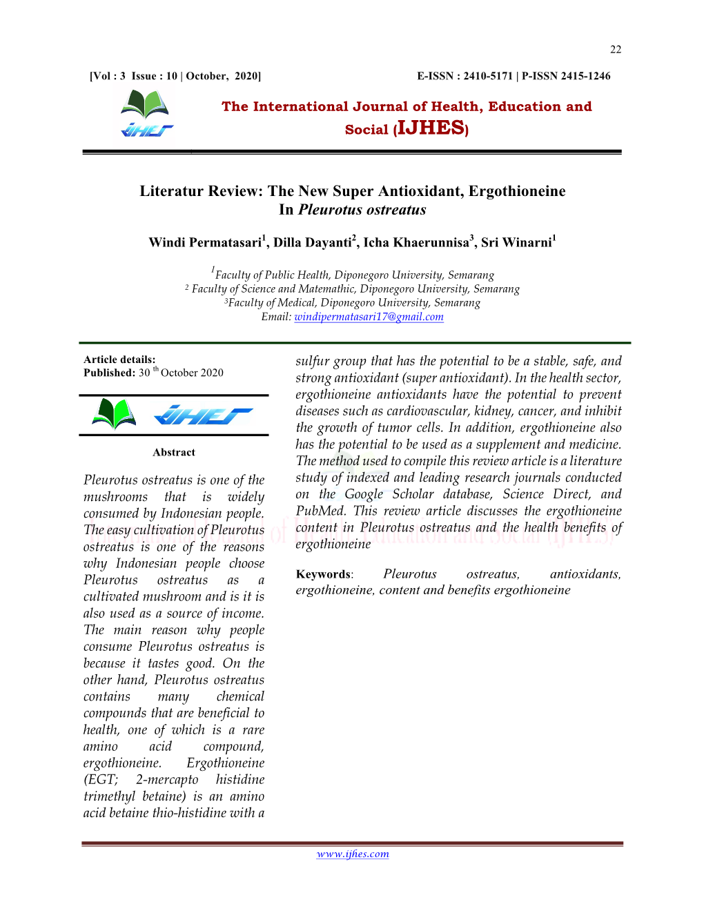 The New Super Antioxidant, Ergothioneine in Pleurotus Ostreatus